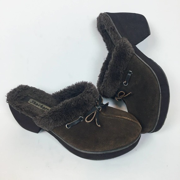 Skechers Faux Suede Heeled Mules Fuzzy Slip On - Picture 1 of 6